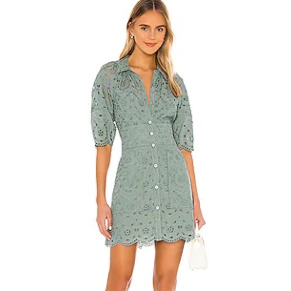 Rebecca Taylor Sage Green Eyelet Button-Front Mini Dress
